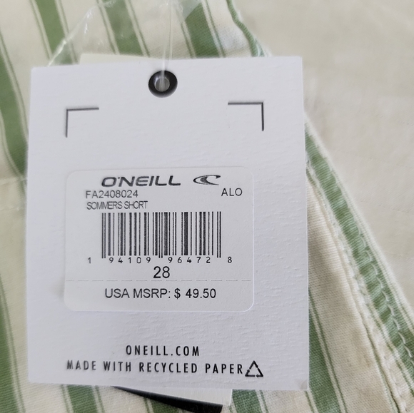 O'Neil Sommers Short White/ Green Striped Lightweight Summer Shorts size 28 - Picture 3 of 4